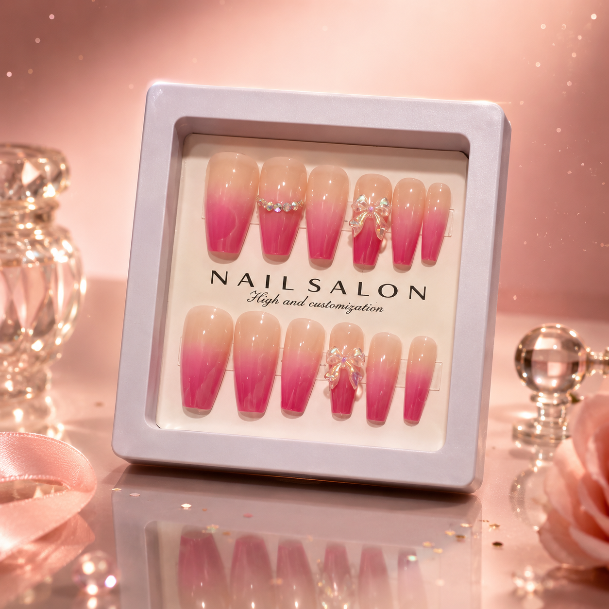 Luxury Handmade Press-On Nails Set – Reusable Glossy Nail Art Collection with Rhinestone & Ombre Designs