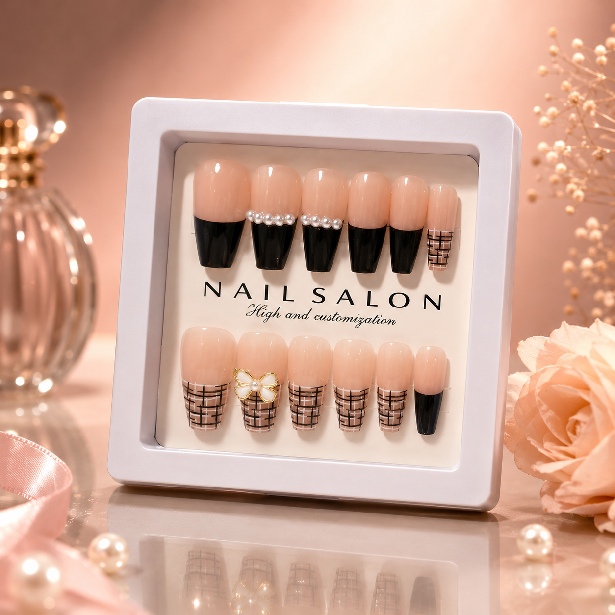 Luxury Handmade Press-On Nails Set – Reusable Glossy Nail Art Collection with Rhinestone & Ombre Designs