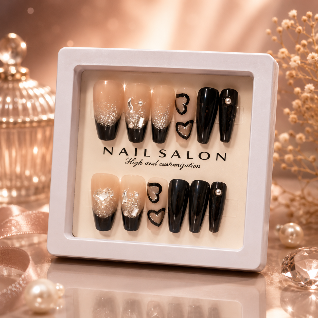 Luxury Handmade Press-On Nails Set – Reusable Glossy Nail Art Collection with Rhinestone & Ombre Designs