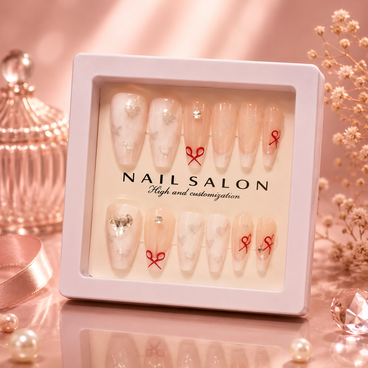 Luxury Handmade Press-On Nails Set – Reusable Glossy Nail Art Collection with Rhinestone & Ombre Designs
