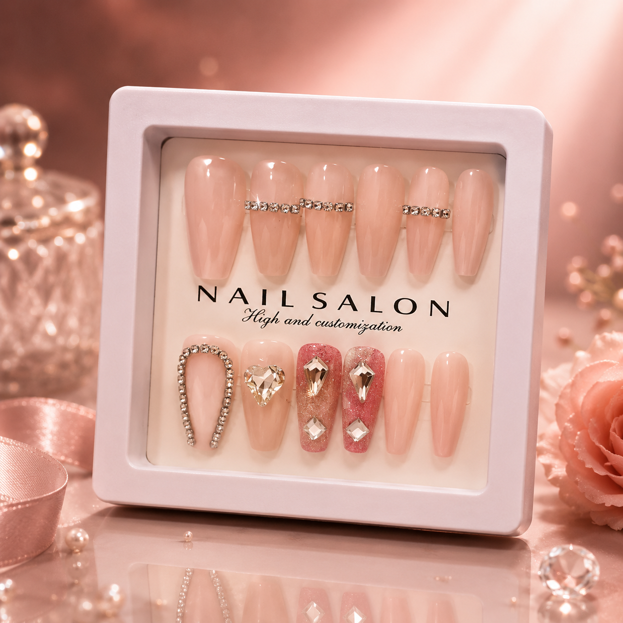Luxury Handmade Press-On Nails Set – Reusable Glossy Nail Art Collection with Rhinestone & Ombre Designs