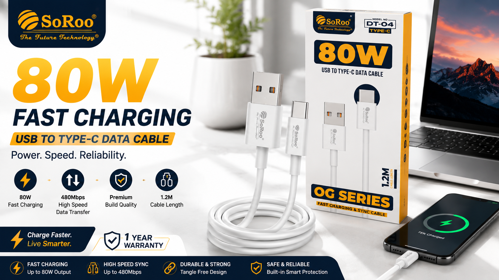 SoRoo 80W USB to Type-C Fast Charging Data Cable (1.2 Meter) | High-Speed Sync Cable with 1-Year Warranty