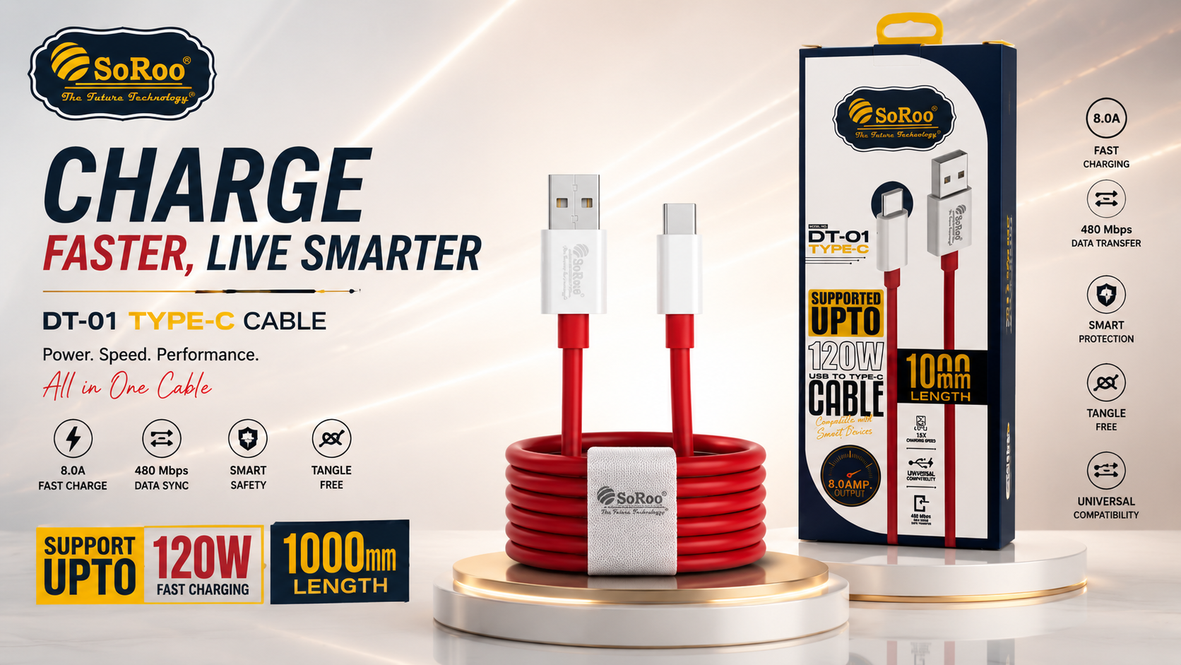 SoRoo DT-01 120W USB to Type-C Fast Charging Cable (1000mm) | 8A Super Fast Charge | High-Speed Data Sync | 1-Year Warranty