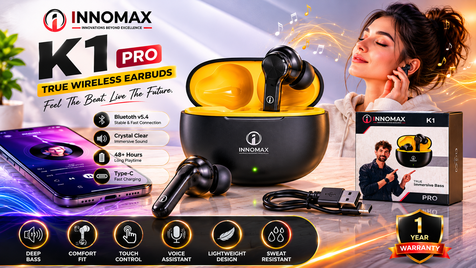 INNOMAX K1 Pro True Wireless Bluetooth Earbuds v5.4 with 48+ Hours Playtime & 1 Year Warranty