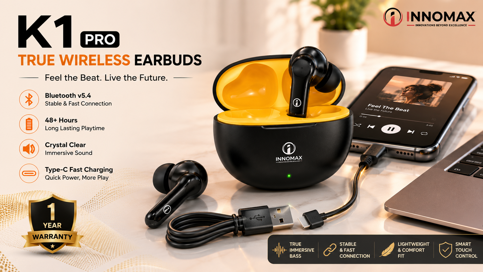 INNOMAX K1 Pro True Wireless Bluetooth Earbuds v5.4 with 48+ Hours Playtime & 1 Year Warranty