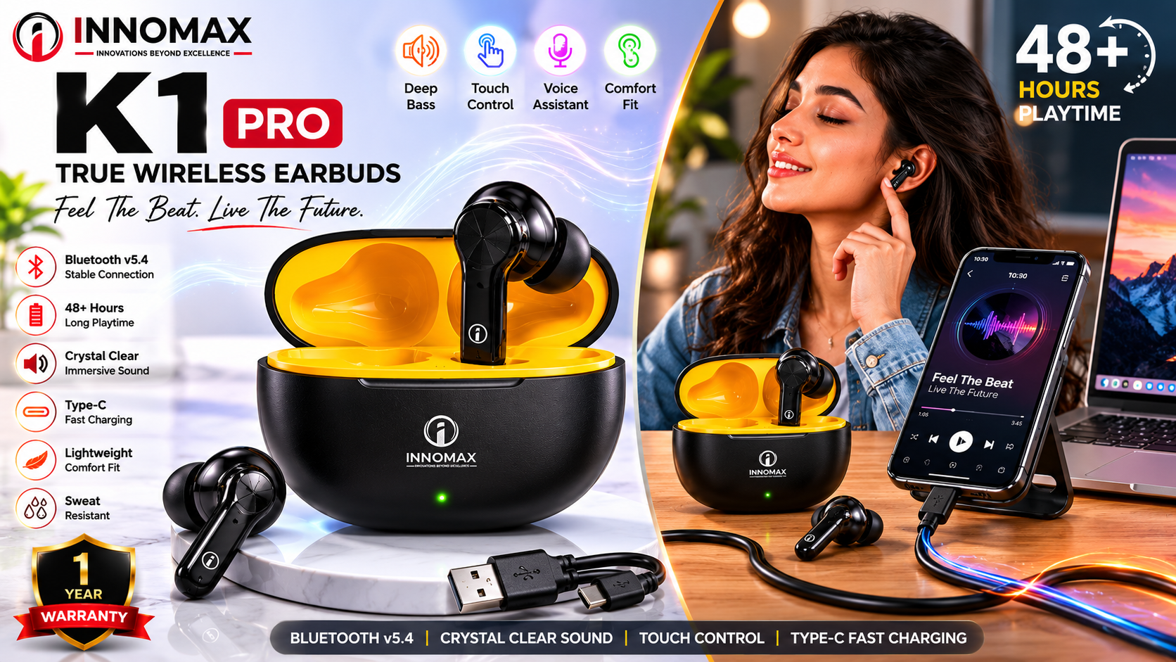 INNOMAX K1 Pro True Wireless Bluetooth Earbuds v5.4 with 48+ Hours Playtime & 1 Year Warranty