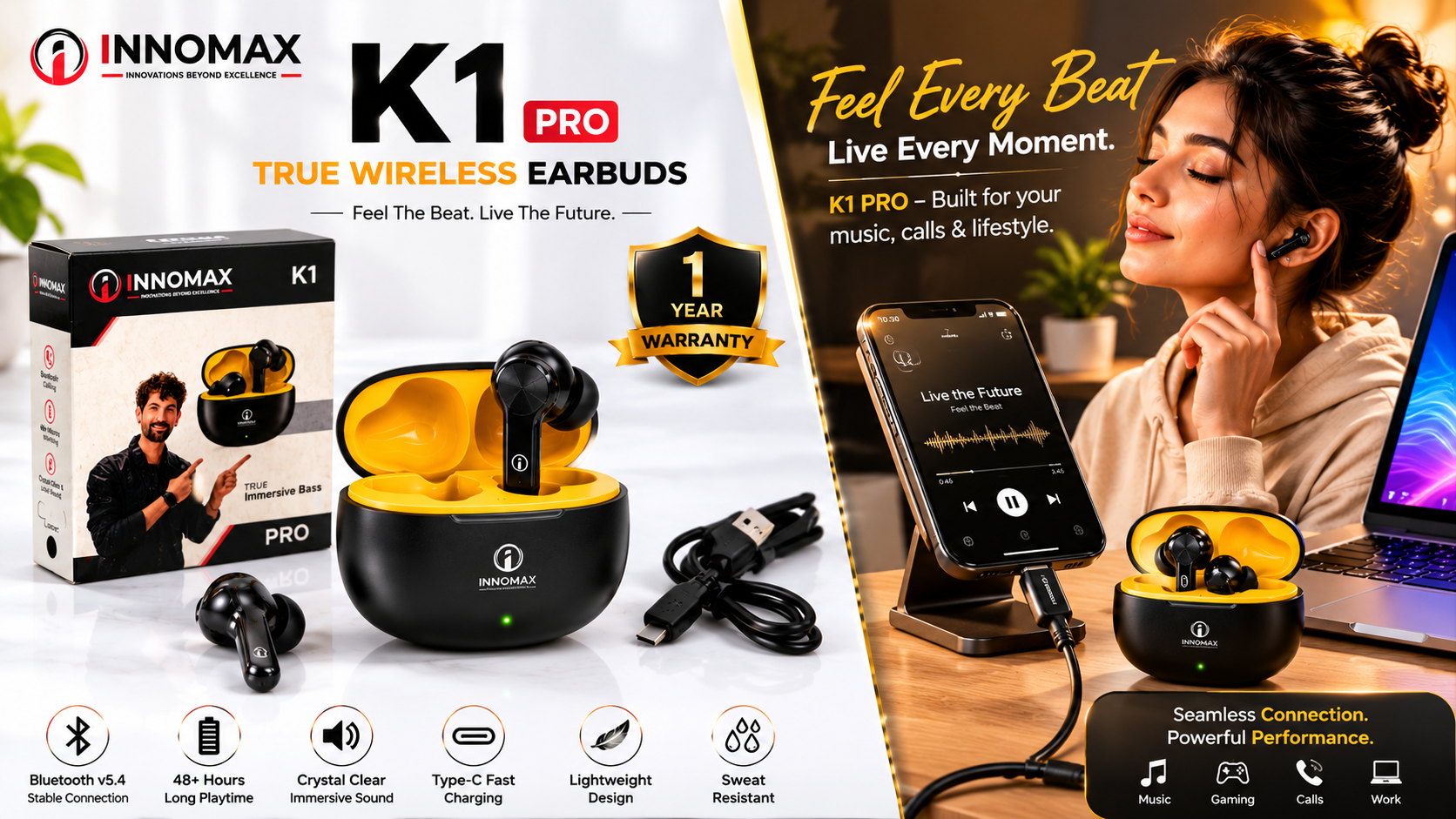 INNOMAX K1 Pro True Wireless Bluetooth Earbuds v5.4 with 48+ Hours Playtime & 1 Year Warranty