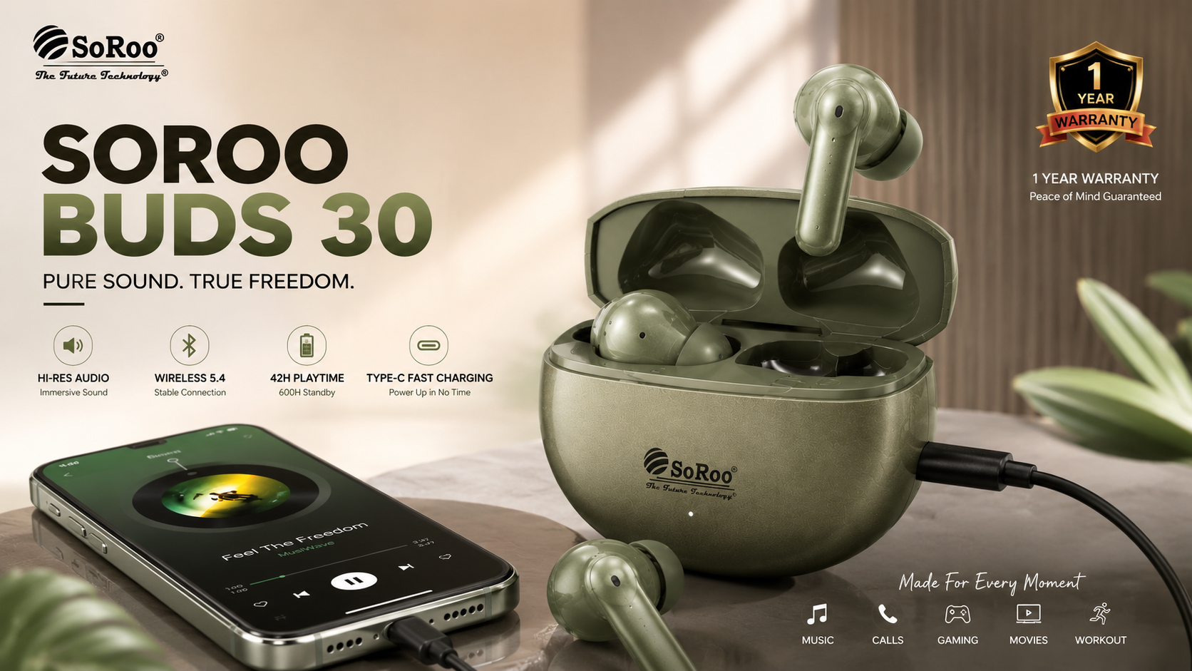 SoRoo Buds 30 Bluetooth 5.4 Wireless Earbuds with ANC & ANR, Hi-Res Audio, Type-C Fast Charging, 42H Playtime & 1 Year Warranty