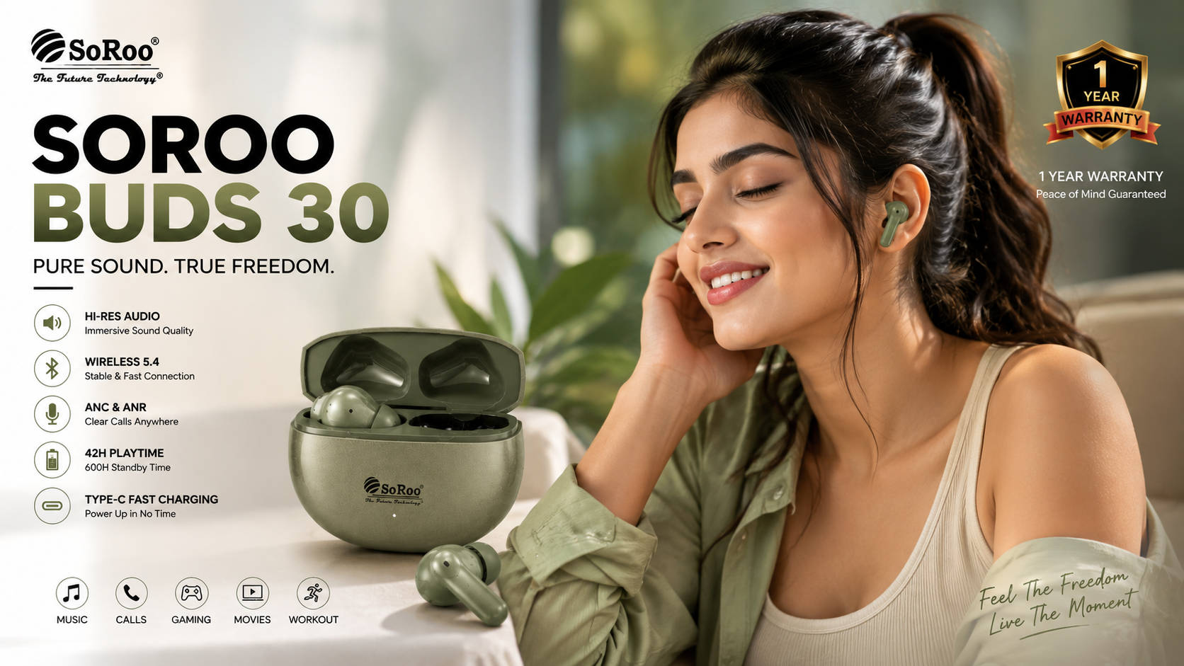 SoRoo Buds 30 Bluetooth 5.4 Wireless Earbuds with ANC & ANR, Hi-Res Audio, Type-C Fast Charging, 42H Playtime & 1 Year Warranty