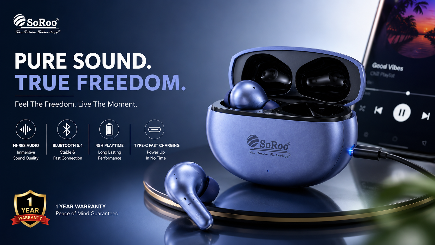 SoRoo Buds 31 Truly Wireless Earbuds with Bluetooth 5.4, Hi-Res Audio & 1 Year Warranty