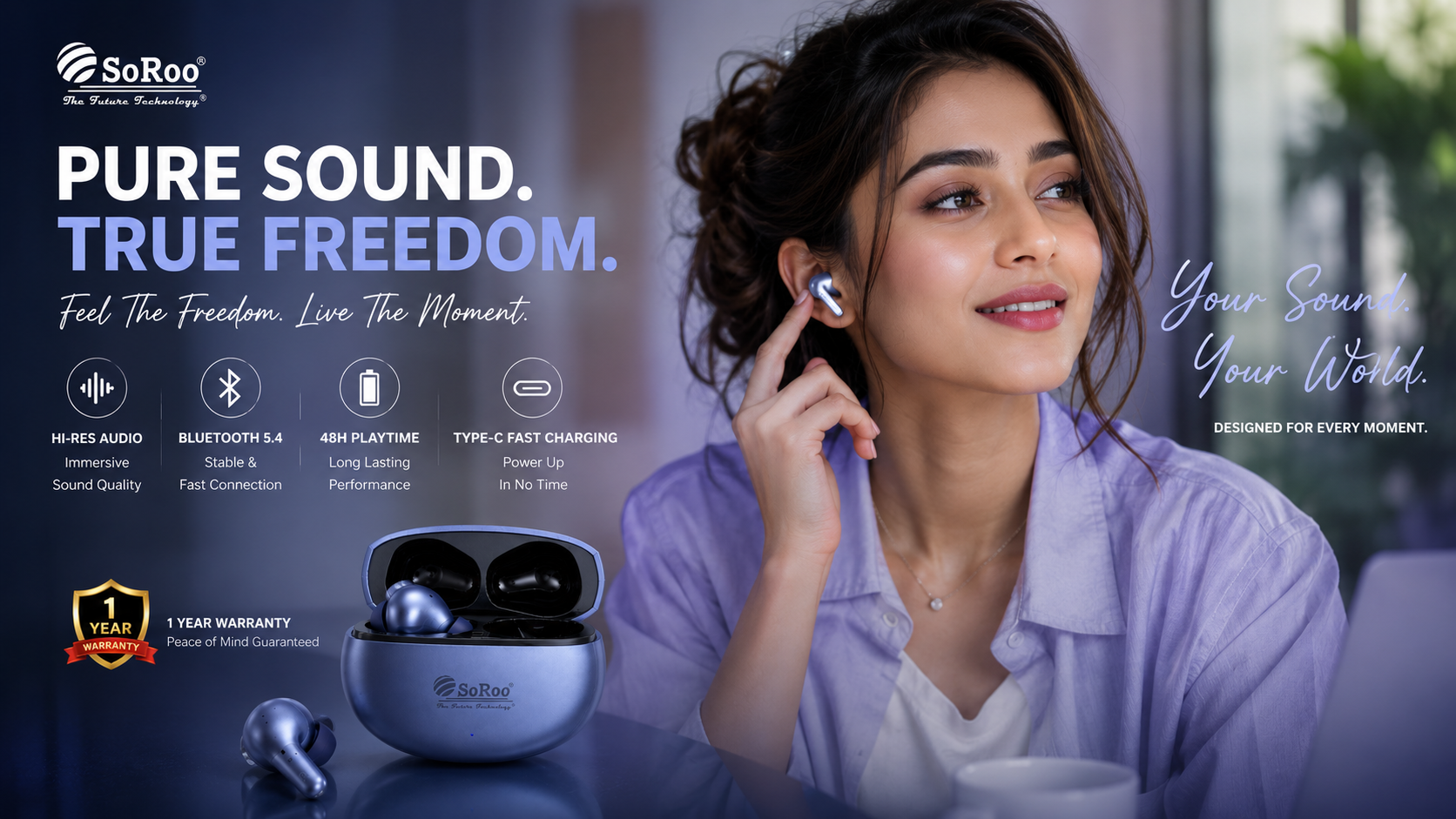 SoRoo Buds 31 Truly Wireless Earbuds with Bluetooth 5.4, Hi-Res Audio & 1 Year Warranty