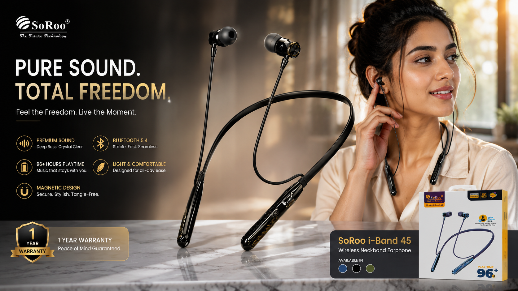SoRoo i-Band 45 Wireless Bluetooth Neckband Earphones with ENC, Bluetooth 5.4 & 96+ Hours Playtime | 1 Year Warranty