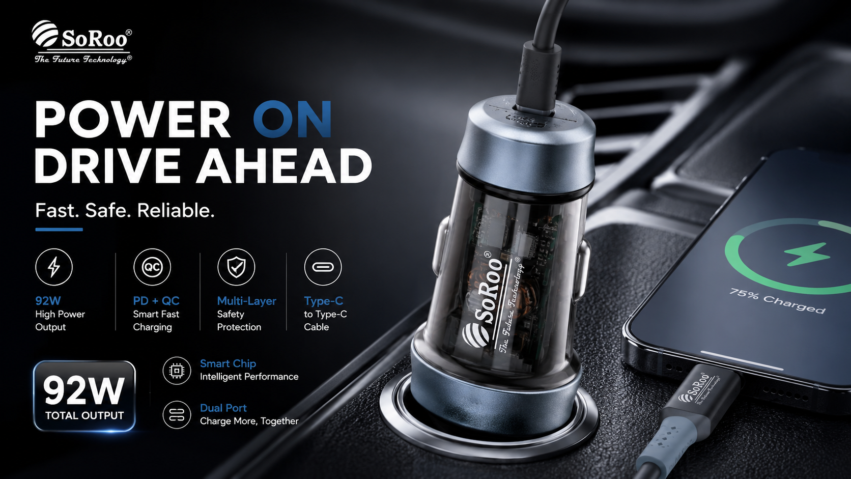 SoRoo C-18 92W PD + QC Transparent Car Charger with Type-C Cable | 1 Year Warranty