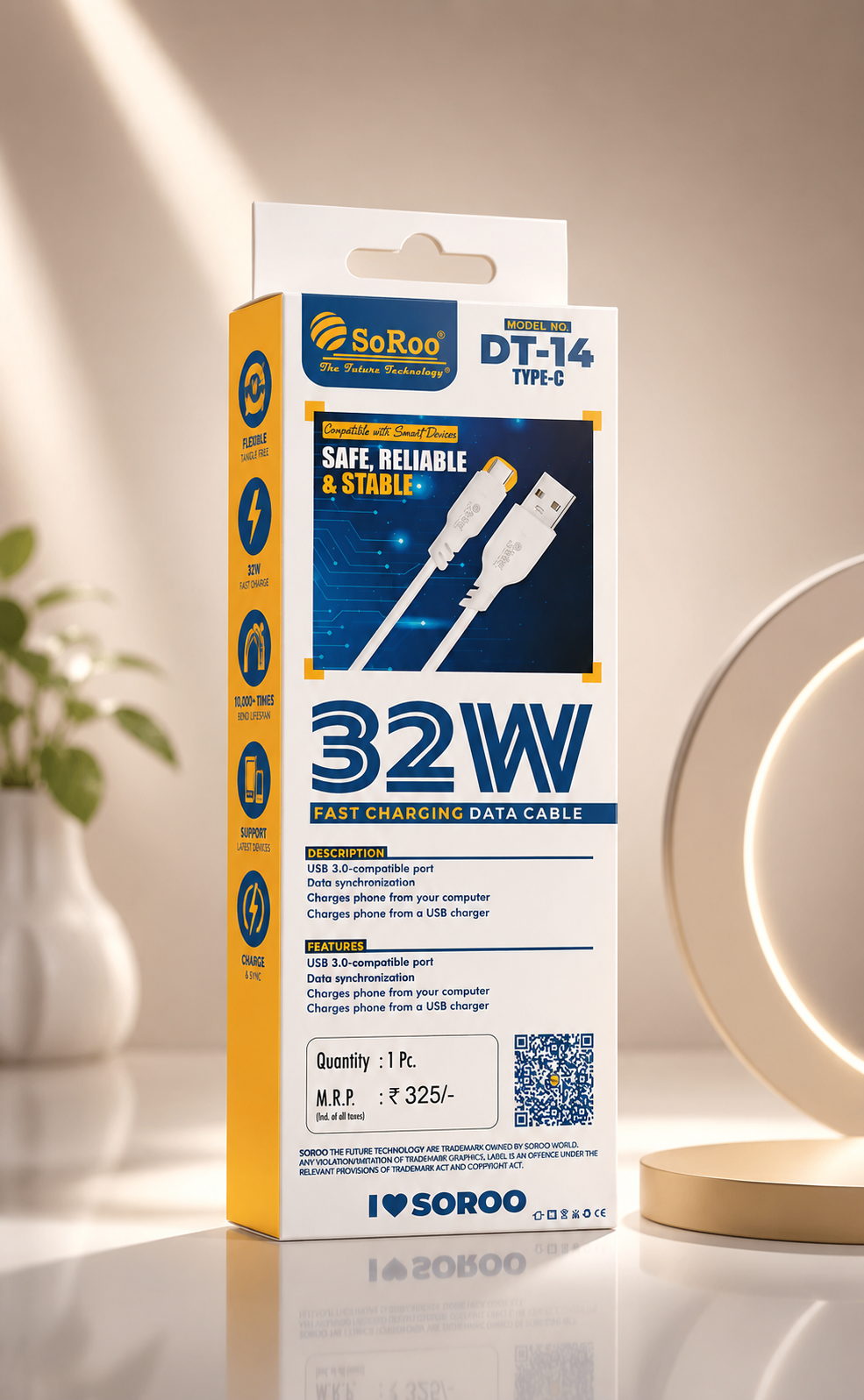 SoRoo DT-14 Type-C Fast Charging Data Cable (32W) – 120cm USB to Type-C Charging & Data Sync Cable with 1 Year Warranty | Durable, Tangle-Free & Safe Charging