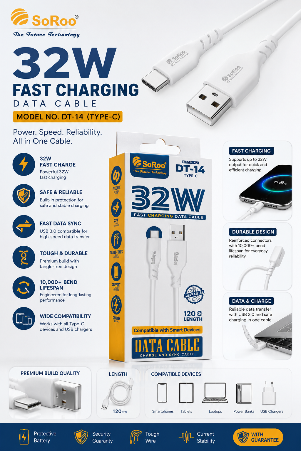 SoRoo DT-14 Type-C Fast Charging Data Cable (32W) – 120cm USB to Type-C Charging & Data Sync Cable with 1 Year Warranty | Durable, Tangle-Free & Safe Charging