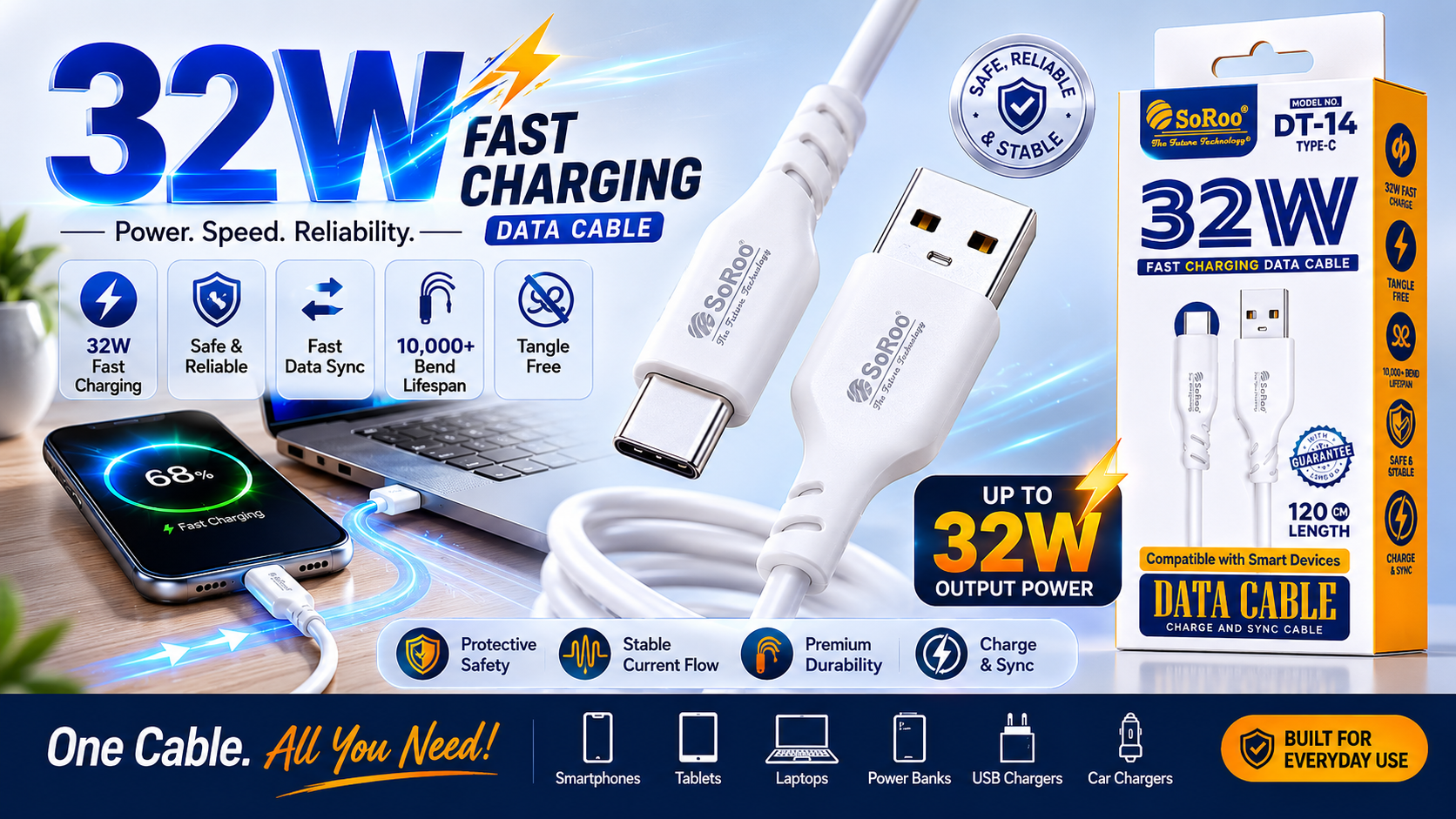 SoRoo DT-14 Type-C Fast Charging Data Cable (32W) – 120cm USB to Type-C Charging & Data Sync Cable with 1 Year Warranty | Durable, Tangle-Free & Safe Charging