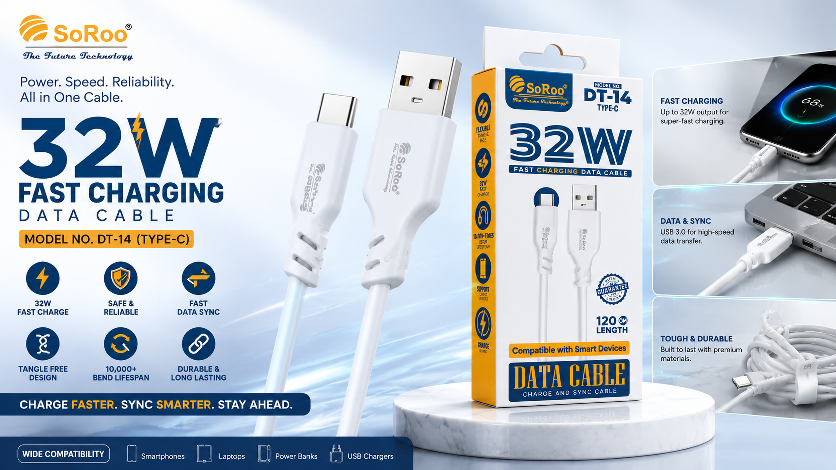 SoRoo DT-14 Type-C Fast Charging Data Cable (32W) – 120cm USB to Type-C Charging & Data Sync Cable with 1 Year Warranty | Durable, Tangle-Free & Safe Charging